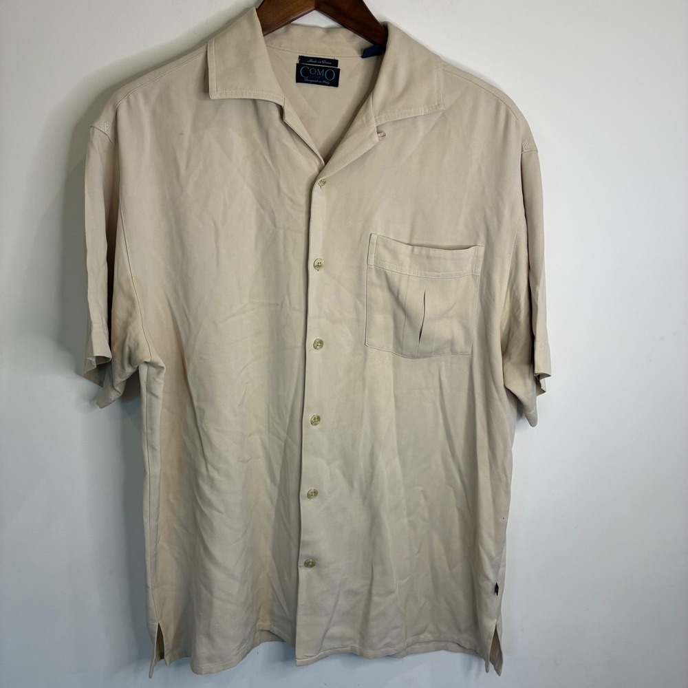 Como Sport Mens Silk Wool Blend Short Sleeve Shirt Tan Herringbone Camp Collar M